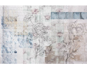 Retro-Fototapete mit Flecken, bunten Mustern und abstrakten Formen, die einen Vintage-Look erzeugen.