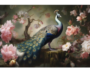 Fototapete mit einem Pfau inmitten einer verträumten Blumenlandschaft, in der der Pfau wunderschön hervorsticht.