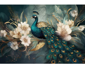 Fototapete mit einem majestätischen Pfau zwischen weißen Blumen und goldenen Blättern auf tiefgrünem Hintergrund.