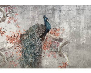 Fototapete mit einem gemalten Pfau auf einem Betonhintergrund, eine industrielle und künstlerische Darstellung des Vogels.