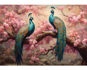 Pfaue auf blühenden Kirschblütenzweigen, eine künstlerische Fototapete mit floraler Schönheit.