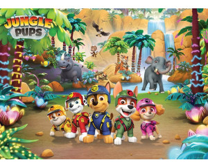 Ein Paw Patrol Dschungel-Fotohintergrund mit Chase, Marshall, Skye und ihren Freunden, die ein tropisches Abenteuer erleben, umgeben von grünen Blättern und exotischen Tieren.