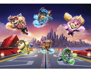 Ein Paw Patrol Superhelden-Fotohintergrund mit Chase, Marshall, Skye und ihren Freunden in ihren coolen Superhelden-Kostümen, bereit für Action in einer farbenfrohen Umgebung.