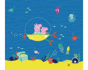 Fototapete mit Peppa Pig und George, die in ihrem U-Boot tief unter Wasser segeln, umgeben von bunten Fischen und Meeresbewohnern.