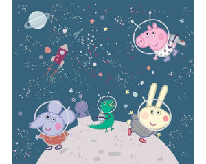 Peppa Pig und ihre Freunde, darunter George, schweben in Raumanzügen zwischen Sternen und Planeten auf einer farbenfrohen Fototapete.
