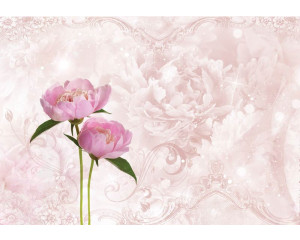 Rosa Pfingstrosen und Rosen in voller Blüte, mit einem abstrakten Hintergrund für einen künstlerischen Touch auf dieser Fototapete.