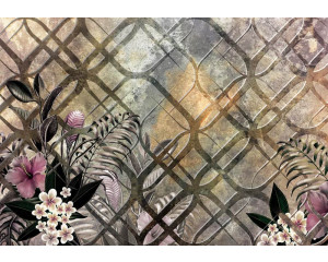 Fototapete mit Pflanzen und Ornamenten, abstraktes florales Design mit ornamentalen Mustern.