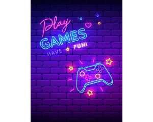 Eine lilafarbene Fototapete mit Neonbuchstaben, die das Wort "play games" bilden, neben einem Game Controller. Dieses Design ist ideal für die ultimative Spielzimmerdekoration mit auffälliger Neonbeleuchtung.