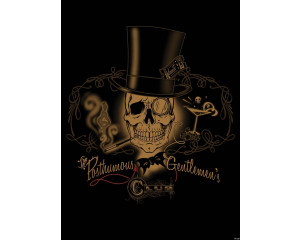 Fototapete eines posthumen Herrenclubs mit Totenköpfen, Thema Alchemie.