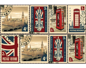 Fototapete einer Briefmarkencollage aus London mit ikonischen Stadtansichten im Vliestapetenstil.
