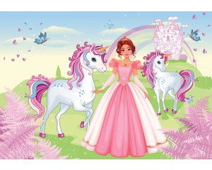 Fototapete von einer Prinzessin mit Einhörnern und einem Schloss, märchenhaft und magisch.