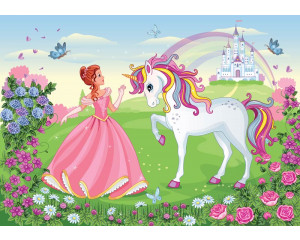 Fototapete von einer Prinzessin mit einem Einhorn in einem Märchenschloss.
