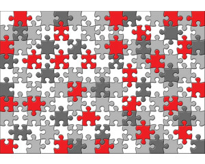 Bunte Puzzleteile auf einer Fototapete, perfekt für Kinderzimmer und kreative Räume.