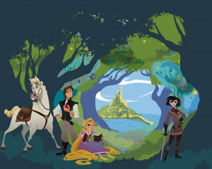 Rapunzel im Wald Fototapete zeigt Rapunzel aus Disneys Tangled in einem üppigen Wald, umgeben von Blumen und Bäumen.