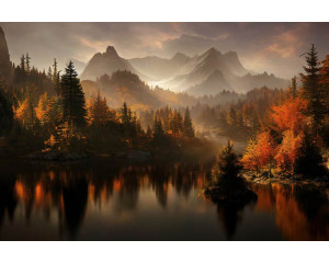 Fototapete mit einer Reflexion eines Sees und Berge, umgeben von üppiger Natur und Wäldern.