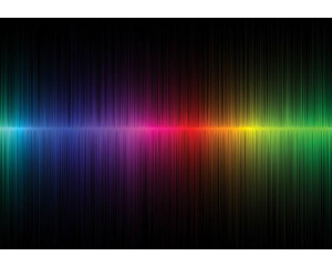 Fototapete mit einem Regenbogenstrahl, der Musik und grafische Formen kombiniert, bunte abstrakte Kunst.