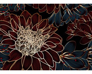 Eine Fototapete mit einer reichhaltigen Komposition, bei der eine große burgunderrote Blume mit dezenten Goldakzenten einen luxuriösen und opulenten Look erzeugt.