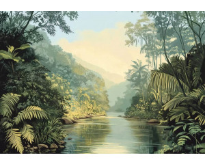 Fotobehang met een kronkelende rivier die door dichte jungle en tropische begroeiing stroomt.