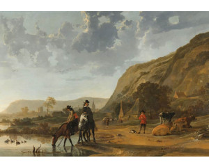 Fototapete mit einer weiten Flusslandschaft an der Waal in der Nähe von Nimwegen mit zwei Reitern, die ihre Pferde tränken, und einem Hirten mit seiner ruhenden Herde, inspiriert von einem Meisterwerk von Aelbert Cuyp.