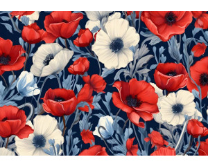 Rote und weiße Blumen, darunter große Mohnblumen, sind auf dieser farbenfrohen Fototapete lebendig dargestellt.