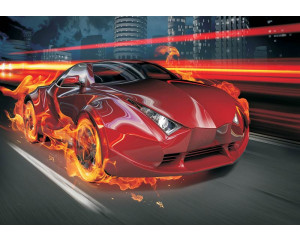 Fototapete eines roten Rennwagens mit Flammen, geeignet für Kinderzimmer.