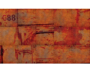 Rostige Wand auf Fototapete, industriell mit einem metallischen Farbton.