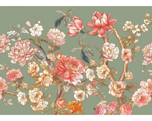 Eine romantische Blüten-Fototapete, bei der zartrosa und weiße Blüten in voller Blüte einen verträumten und heiteren Look erzeugen.