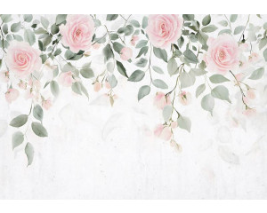 Fotobehang met romantische rozen in zachte roze en crèmetinten tegen een witte muur.