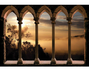 Fototapete mit 3D-Perspektive von römischen Säulen und Landschaft.