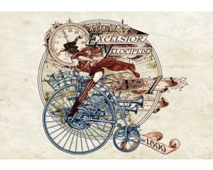 Royal Excelsior Fototapete mit einer Dame auf einem Fahrrad, Alchemie und Gothic-Thema.