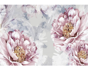 Fototapete mit rosa Blumen auf einem Hintergrund aus Beton, mit einem modernen und künstlerischen Look.