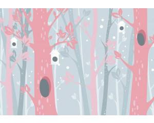 Fototapete mit rosa Bäumen in einem pastellfarbenen Schneewald, weiche Töne.