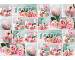 Fototapete mit rosa Rosen und liebevollen Blumen, ideal für ein zartes Kinderzimmer.