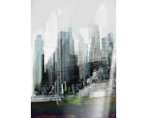 Die Skyline einer belebten Stadt, dargestellt in einem abstrakten Kunstwerk, perfekt für Liebhaber der modernen Architektur.