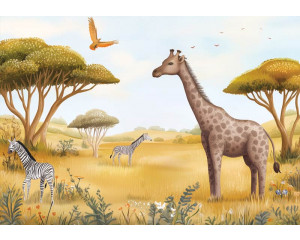Fotobehang safari dieren avontuur met giraffe, zebra’s en savannelandschap in getekende stijl.