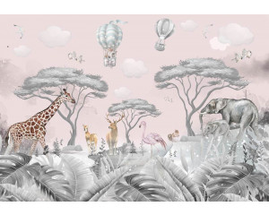 Fototapete mit niedlichen Safari- und Waldtieren wie Elefanten, Giraffen und Hirschen in sanften Tönen.