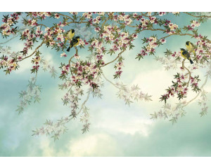 Sakura-Blüten auf Bäumen, dargestellt in einem abstrakten Kunstwerk, schaffen eine ruhige und natürliche Atmosphäre in dieser Fototapete.