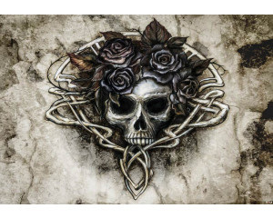 Fototapete von Sarah's Lament mit Totenköpfen und schwarzen Rosen, Thema Alchemie.