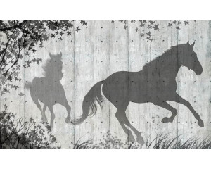 Fototapete mit einem Schatten von Pferden auf einer Betonwand, mit industriellem Charakter.