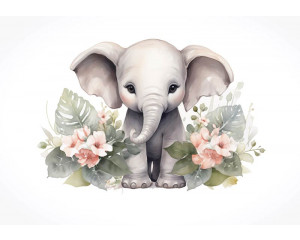 Fototapete mit einem niedlichen kleinen Elefanten, umgeben von Blumen, ideal für Kinderzimmer.