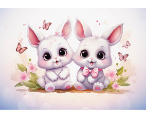 Fototapete von niedlichen Häschen mit Schmetterlingen, ideal für Kinderzimmer.