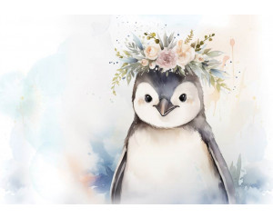 Fotobehang van een schattige pinguïn, speels en leuk voor kinderen.