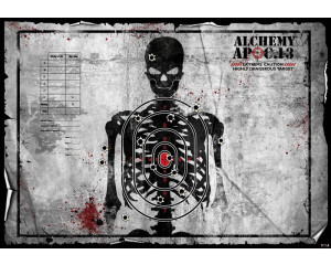 Fototapete einer Schießkarte mit einem Skelett und Alchemie Thema, robust und detailliert.