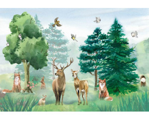 Fototapete mit einer malerischen Darstellung eines Waldtierparadieses mit Rehen, Füchsen und Vögeln in einer natürlichen Umgebung. Ein stimmungsvolles Design.