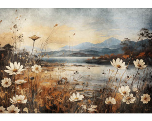 Malerische Fototapete mit einer Landschaft eines Sees, umgeben von Blumen und Natur.