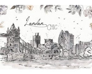 Fototapete mit einer malerischen Ansicht von London mit der berühmten Tower Bridge und der Stadt im Hintergrund. Ein schickes Design.