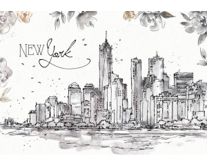 Fototapete mit einer malerischen Darstellung von New York, darunter ikonische Wolkenkratzer und eine stimmungsvolle Skyline.