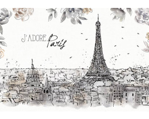 Fototapete mit einer malerischen Ansicht von Paris mit stimmungsvollen Gebäuden und dem Eiffelturm im Hintergrund. Ein romantisches Design.