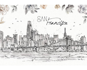 Fototapete mit einer malerischen Ansicht von San Francisco mit der berühmten Golden Gate Bridge und der Stadt im Hintergrund. Ein stilvolles Design.