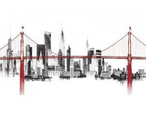 Fototapete mit einer malerischen Brücke und einer beeindruckenden Skyline in warmen Farben. Ein stilvolles Design.